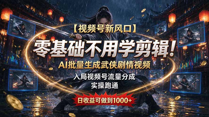 【视频号新风口】零基础不用学剪辑！AI 批量生成武侠剧情视频，入局视频号流量分成，实操跑通，日收益可做到 1000+-资源后花园