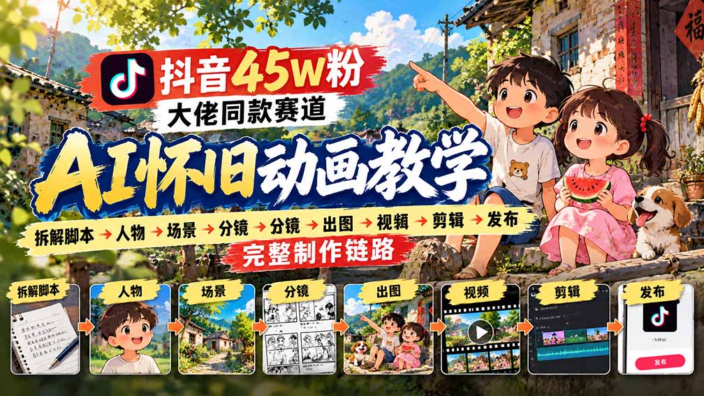 抖音45W粉大佬同款赛道AI怀旧动画教学：拆解脚本→人物→场景→分镜→出图→视频→剪辑→发布完整制作链路-资源后花园