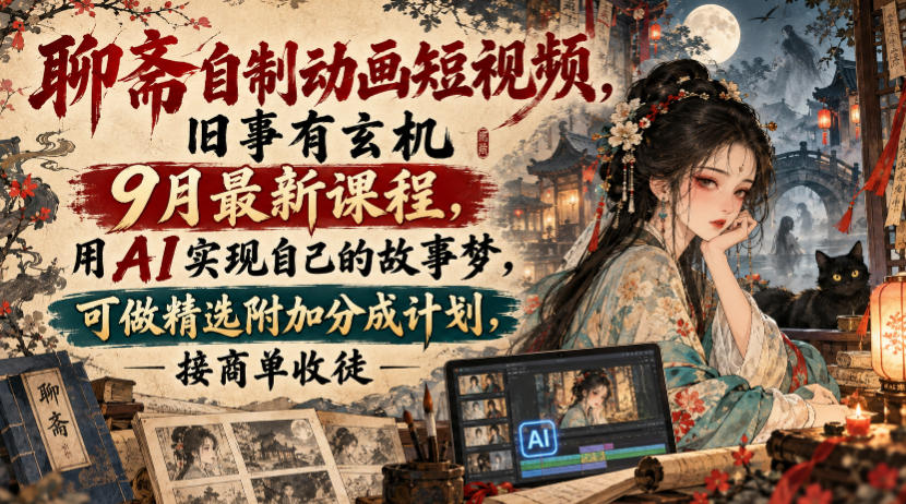 聊斋自制动画短视频，旧事有玄机9月最新课程，用AI实现自己的故事梦，可做精选附加分成计划，接商单收徒-资源后花园