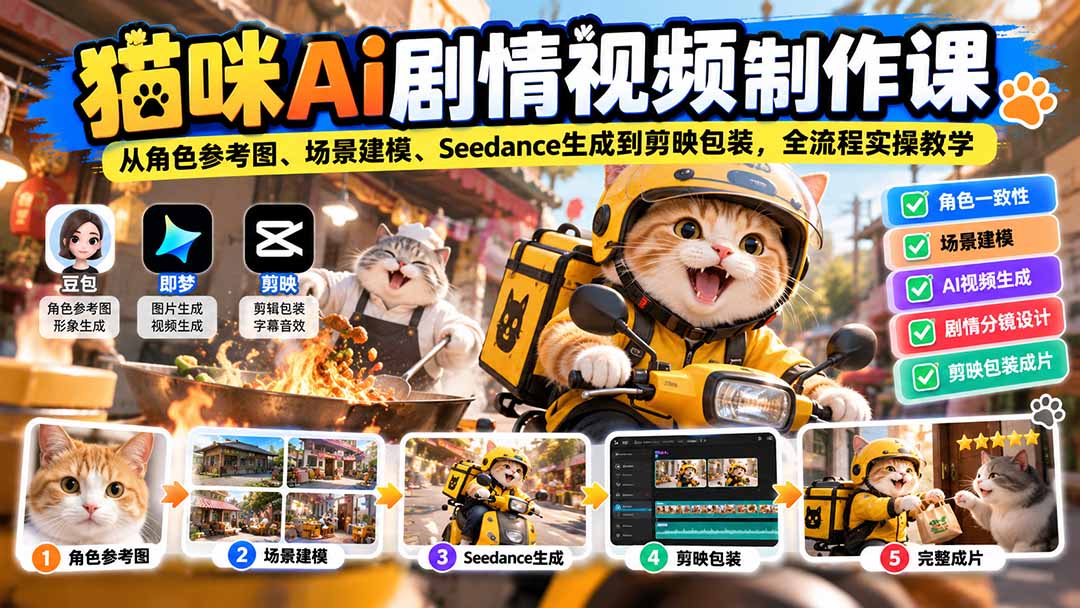 猫咪AI剧情视频制作课：从角色参考图、场景建模、Seedance生成到剪映包装，全流程实操教学-资源后花园