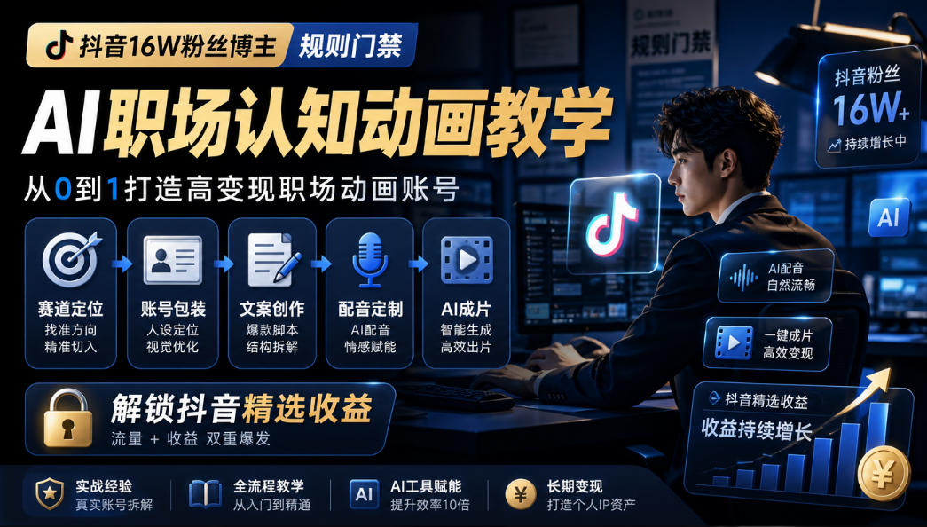 抖音16W粉丝博主规则门禁的AI职场认知动画教学，从赛道定位、账号包装，到文案创作、配音定制、AI成片，解锁抖音精选收益-资源后花园