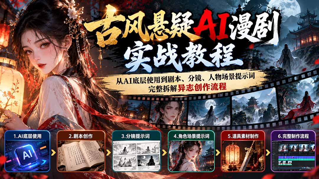 古风悬疑AI漫剧实战教程：从AI底层使用到剧本、分镜、人物场景提示词，完整拆解异志创作流程-资源后花园