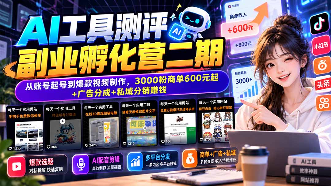 AI工具测评副业孵化营二期：从账号起号到爆款视频制作，3000粉商单600元起+广告分成+私域分销赚钱-资源后花园