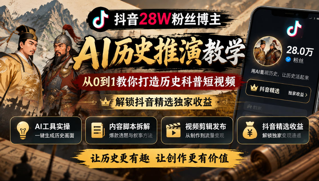抖音28W粉丝博主的AI历史推演教学，从0到1教你打造历史科普短视频，解锁抖音精选独家收益-资源后花园