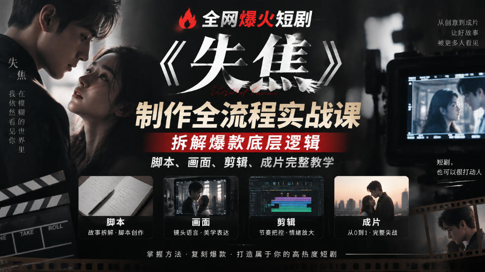 全网爆火短剧《失焦》制作全流程实战课｜拆解爆款底层逻辑，脚本、画面、剪辑、成片完整教学-资源后花园