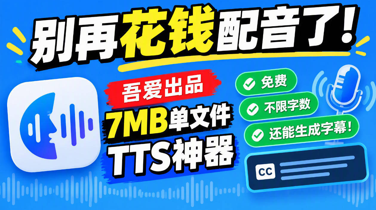 别再花钱配音了！吾爱出品7MB单文件TTS神器，免费不限字数还能生成字幕！-资源后花园