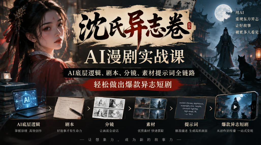 沈氏异志卷AI漫剧实战课｜AI底层逻辑、剧本、分镜、素材提示词全链路，轻松做出爆款异志短剧-资源后花园