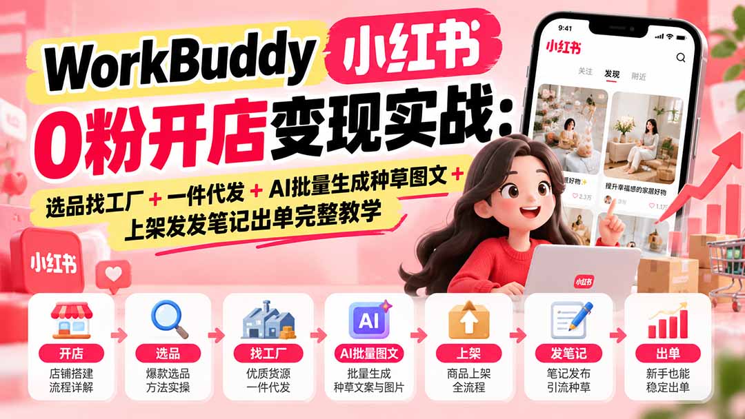 WorkBuddy小红书0粉开店变现实战：选品找工厂+一件代发+AI批量生成种草图文+上架发发笔记出单完整教学-资源后花园