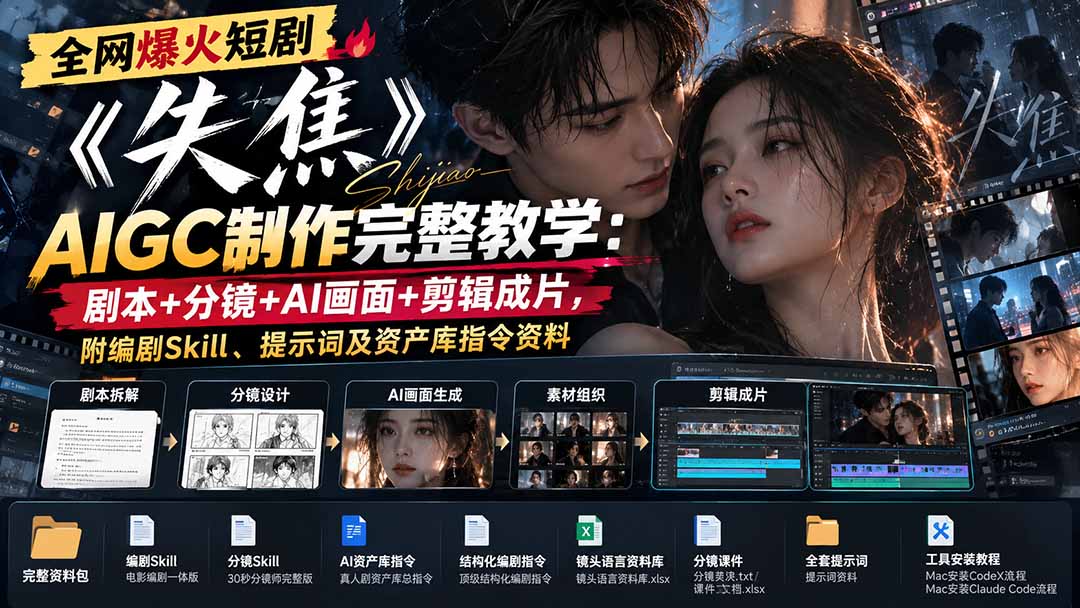 全网爆火短剧《失焦》AIGC制作完整教学：剧本+分镜+AI画面+剪辑成片，附编剧Skill、提示词及资产库指令资料-资源后花园