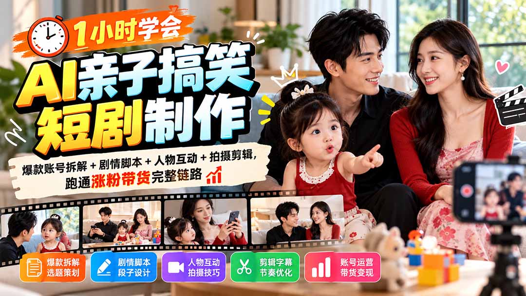 1小时学会AI亲子搞笑短剧制作：爆款账号拆解+剧情脚本+人物互动+拍摄剪辑，跑通涨粉带货完整链路
