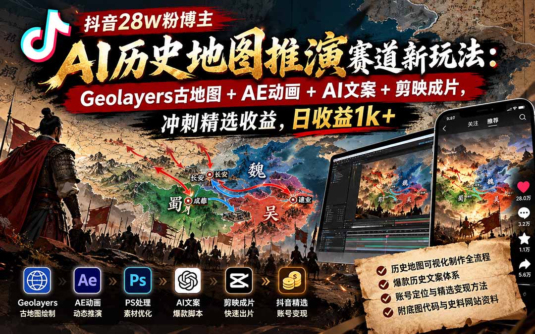 抖音28W粉博主AI历史地图推演赛道新玩法：Geolayers古地图+AE动画+AI文案+剪映成片，冲刺精选收益，日收益1k+-资源后花园