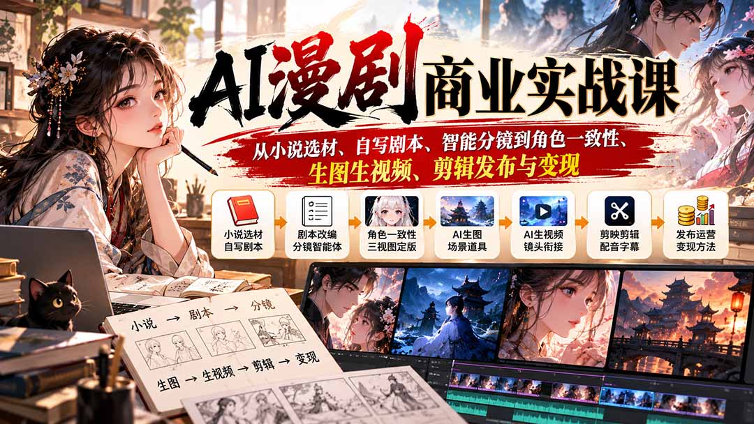 AI漫剧商业实战课：从小说选材、自写剧本、智能分镜到角色一致性、生图生视频、剪辑发布与变现