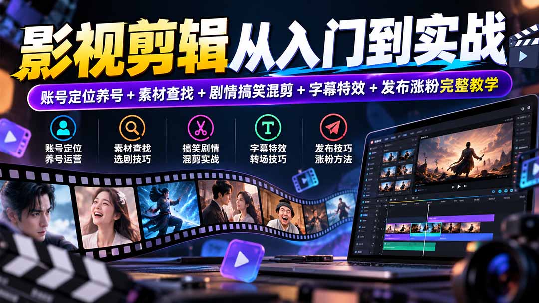 影视剪辑从入门到实战：账号定位养号+素材查找+剧情搞笑混剪+字幕特效+发布涨粉完整教学-资源后花园
