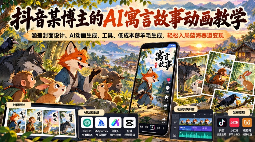 抖音某博主的AI寓言故事动画教学，涵盖封面设计、AI动画生成、工具、低成本薅羊毛生成，轻松入局蓝海赛道变现-资源后花园