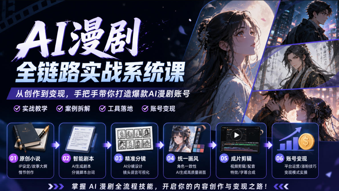 AI漫剧全链路实战系统课｜原创小说、智能剧本、精准分镜、统一画风、成片剪辑、账号变现实操教学-资源后花园