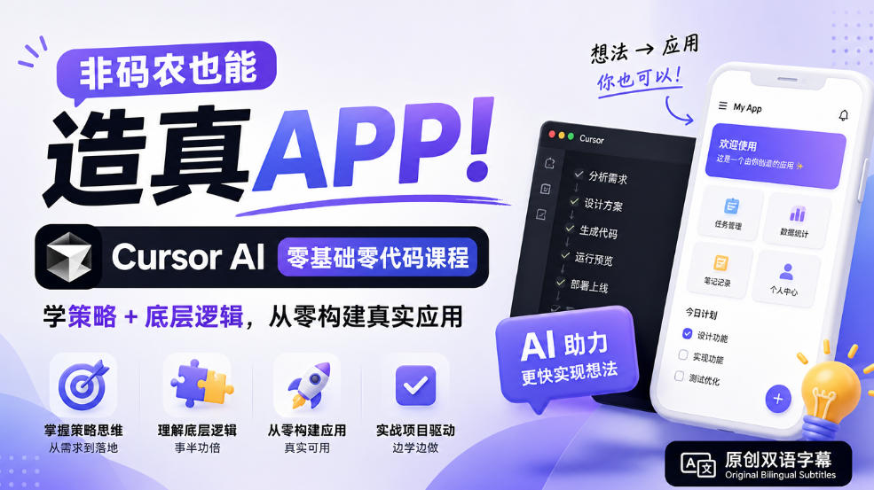 非码农也能造真APP！Cursor AI零基础零代码课程：学策略+底层逻辑，从零构建真实应用【原创双语字幕】-资源后花园