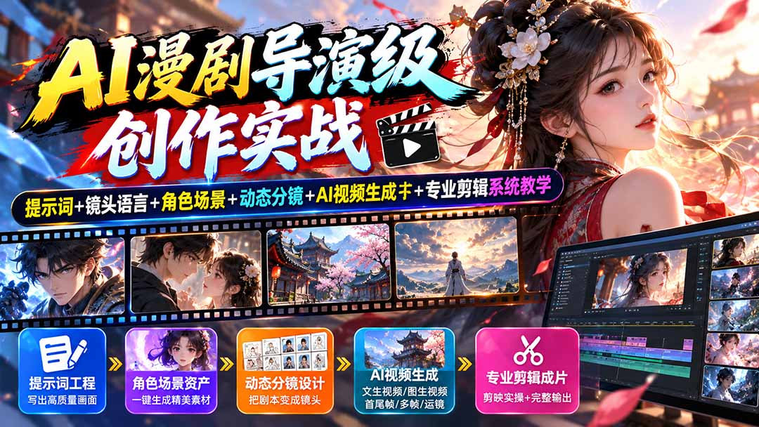 AI漫剧导演级创作实战：提示词+镜头语言+角色场景+动态分镜+AI视频生成+专业剪辑系统教学-资源后花园