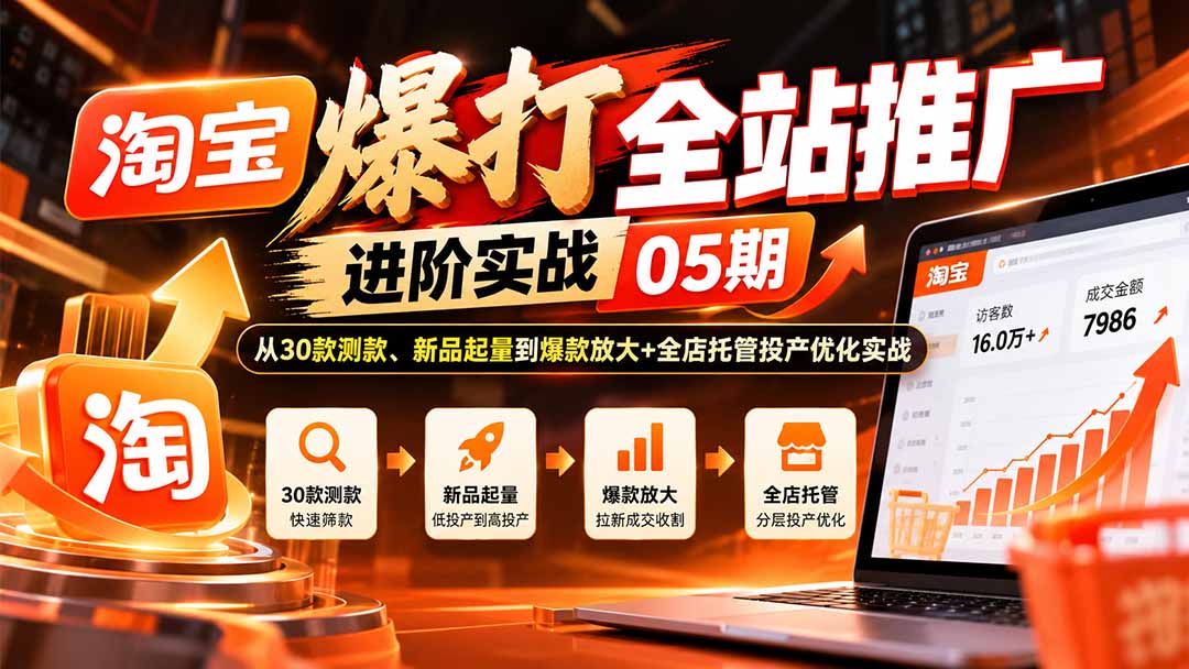 淘宝爆打全站推广进阶实战05期：从30款测款、新品起量到爆款放大+全店托管投产优化实战-资源后花园