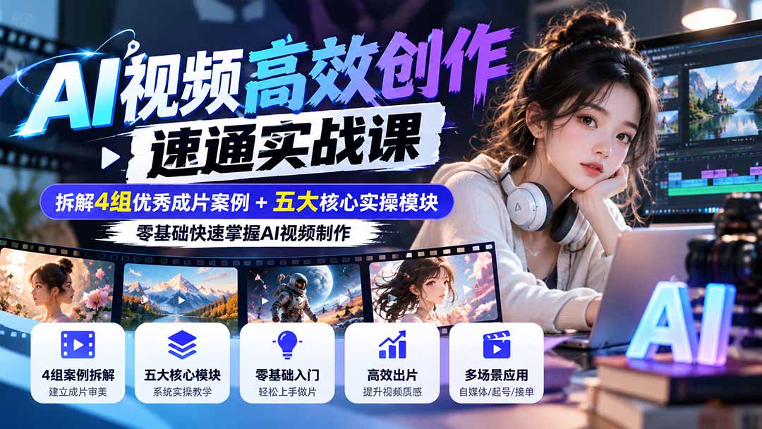 【无水印】AI视频高效创作速通实战课：拆解4组优秀成片案例+五大核心实操模块，零基础快速掌握AI视频制作-资源后花园