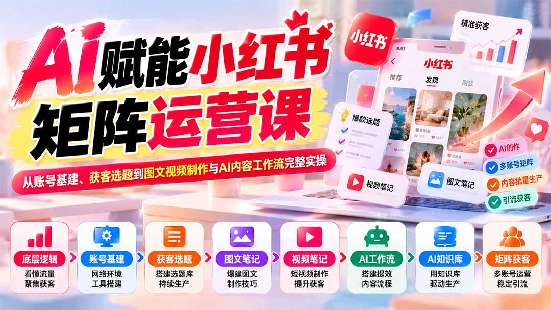 AI赋能小红书矩阵运营课：从账号基建、获客选题到图文视频制作与AI内容工作流完整实操-资源后花园