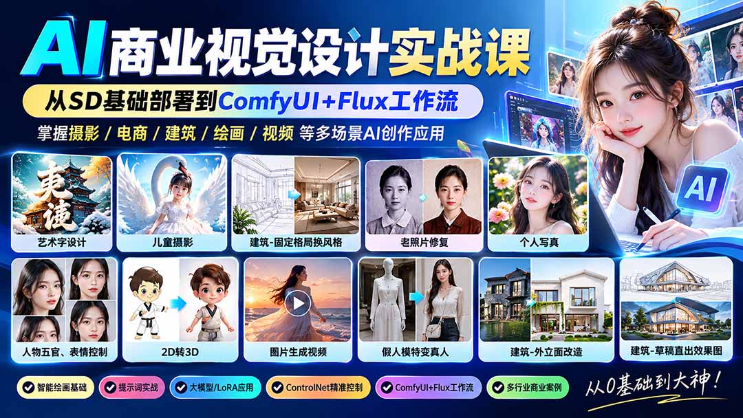 【无水印】AI商业视觉设计实战课：从SD基础部署到ComfyUI+Flux工作流，掌握摄影电商建筑AI创作-资源后花园