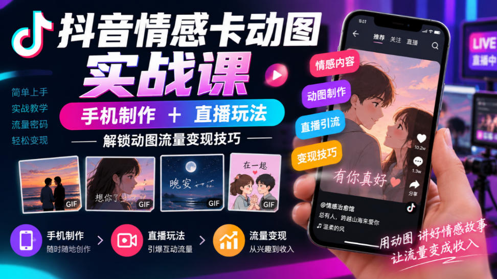 抖音情感卡动图实战课｜手机制作+直播玩法，解锁动图流量变现技巧-资源后花园