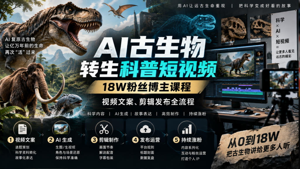 AI古生物转生科普短视频，18W粉丝博主课程，视频文案、剪辑发布全流程-资源后花园