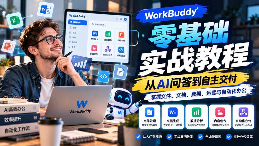 WorkBuddy零基础实战教程：从AI问答到自主交付，掌握文件、文档、数据、运营与自动化办公-资源后花园