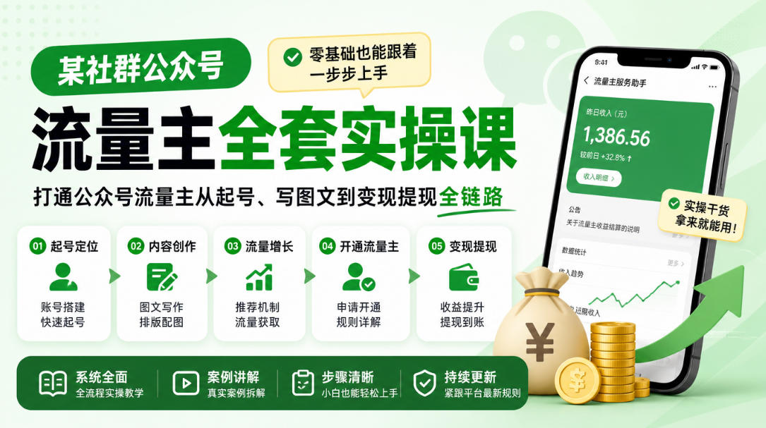 某社群公众号流量主全套实操课，零基础也能跟着一步步上手，打通公众号流量主从起号、写图文到变现提现全链路-资源后花园