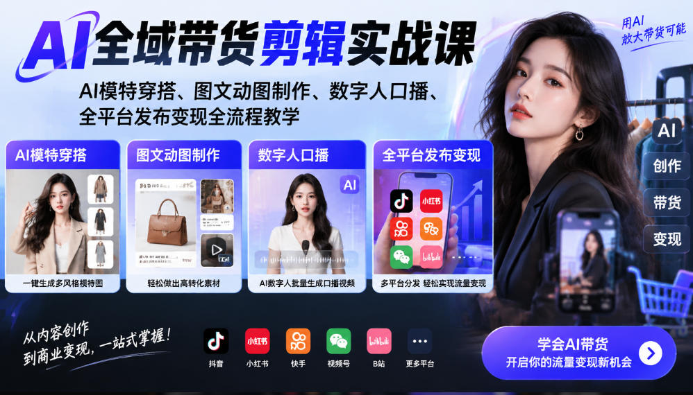 AI全域带货剪辑实战课｜AI模特穿搭、图文动图制作、数字人口播、全平台发布变现全流程教学-资源后花园
