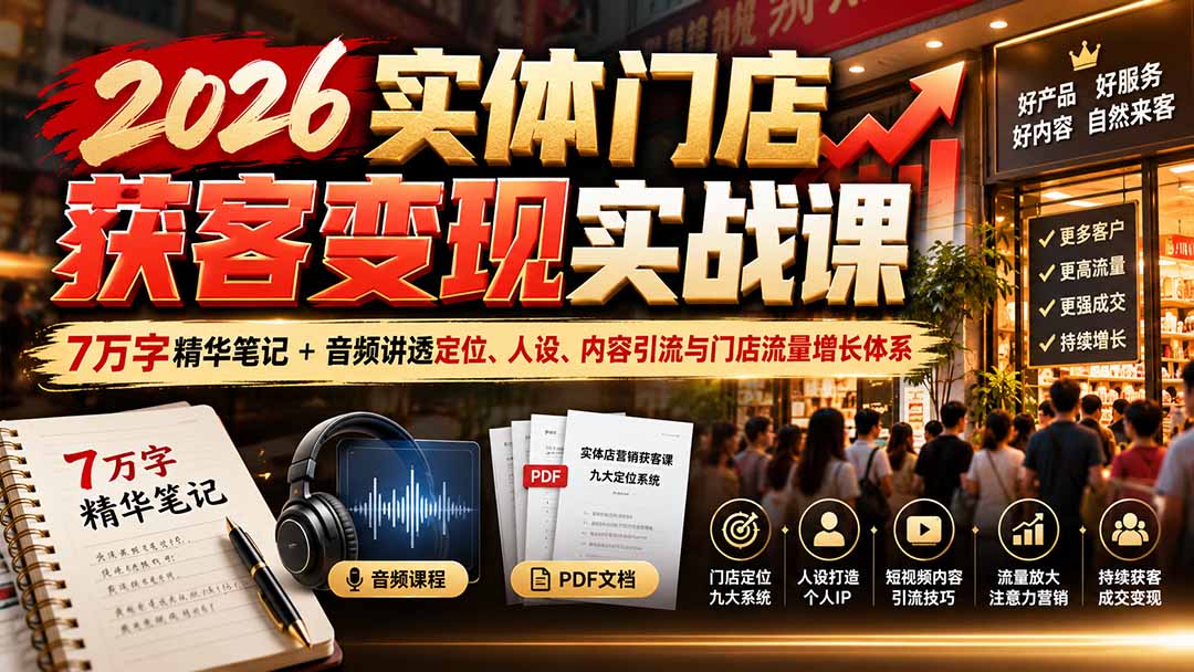2026实体门店获客变现实战课：7万字精华笔记+音频讲透定位、人设、内容引流与门店流量增长体系-资源后花园
