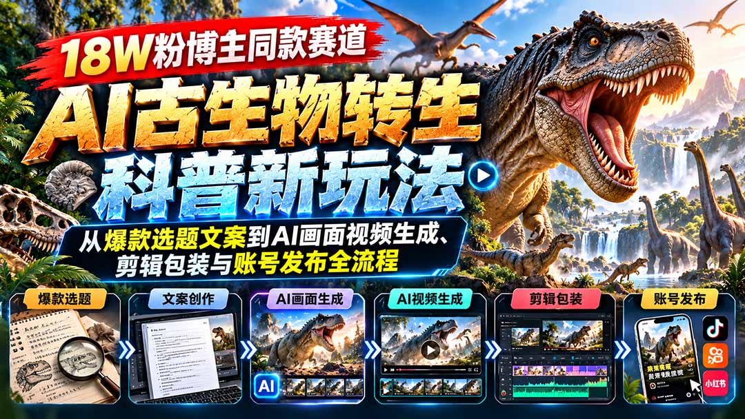 18W粉博主同款赛道-AI古生物转生科普新玩法：从爆款选题文案到AI画面视频生成、剪辑包装与账号发布全流程-资源后花园
