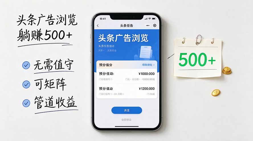 头条广告浏览躺赚500+无需值守，可矩阵并附有管道收益-资源后花园