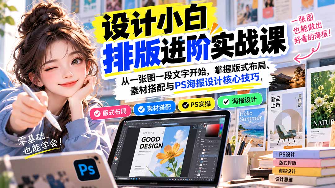 设计小白排版进阶实战课：从一张图一段文字开始，掌握版式布局、素材搭配与PS海报设计核心技巧
