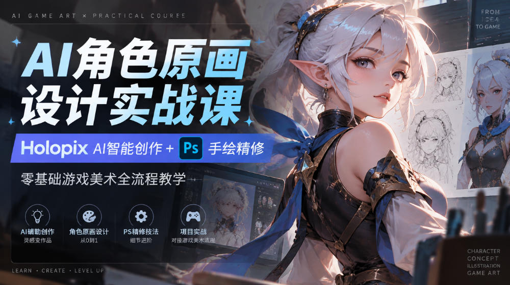 AI角色原画设计实战课｜Holopix AI智能创作+PS手绘精修，零基础游戏美术全流程教学-资源后花园