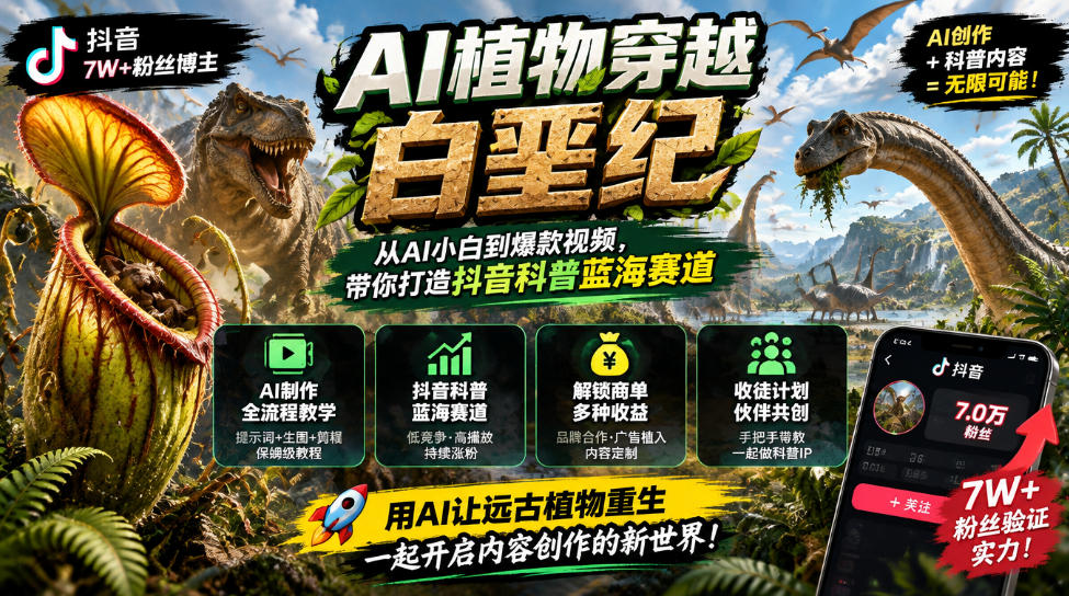 抖音7W粉丝博主的AI植物穿越白垩纪教学，抖音科普蓝海赛道，解锁商单收徒伙伴计划等多种收益-资源后花园