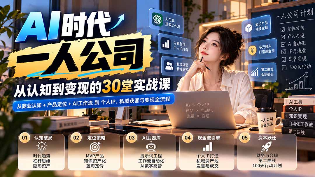 【无水印】AI时代一人公司30堂实战课：从商业认知+产品定位+AI工作流到个人IP、私域获客与变现全流程-资源后花园