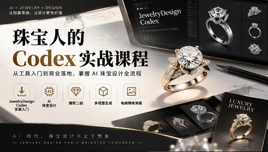 珠宝人的Codex实战课程｜JewelryDesign Codex安装入门、AI珠宝设计、爆款二创、多视图生成、电商精修海报全链路教学-资源后花园