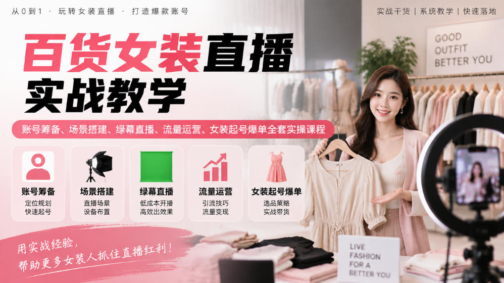 百货女装直播实战教学｜账号筹备、场景搭建、绿幕直播、流量运营、女装起号爆单全套实操课程-资源后花园