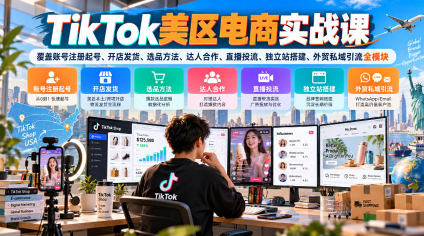 TikTok美区电商实战课，覆盖账号注册起号、开店发货、选品方法、达人合作、直播投流、独立站搭建、外贸私域引流全模块-资源后花园