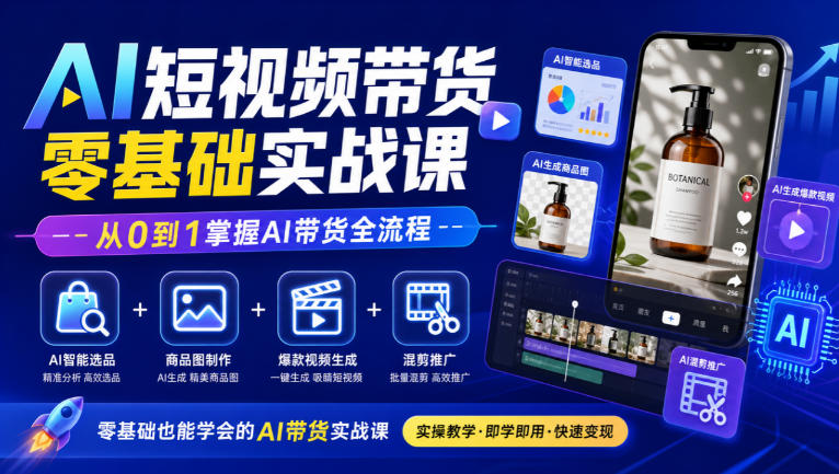 AI短视频带货零基础实战课｜AI智能选品+商品图制作+爆款视频生成+混剪推广，从0到1掌握AI带货全流程-资源后花园