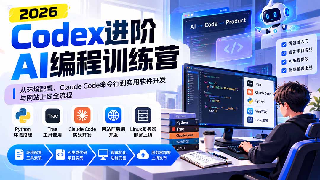Codex进阶AI编程训练营：从环境配置、Claude Code命令行到实用软件开发与网站上线全流程-资源后花园
