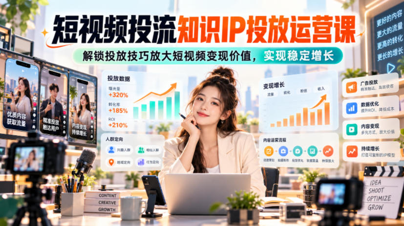 短视频投流知识IP投放运营课，解锁投放技巧放大短视频变现价值，实现稳定增长-资源后花园