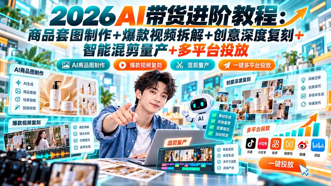 2026AI带货进阶教程：商品套图制作+爆款视频拆解+创意深度复刻+智能混剪量产+多平台投放-资源后花园