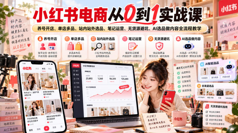 小红书电商从0到1实战课｜养号开店、单店多品、站内站外选品、笔记运营、无货源避坑、AI选品做内容全流程教学-资源后花园