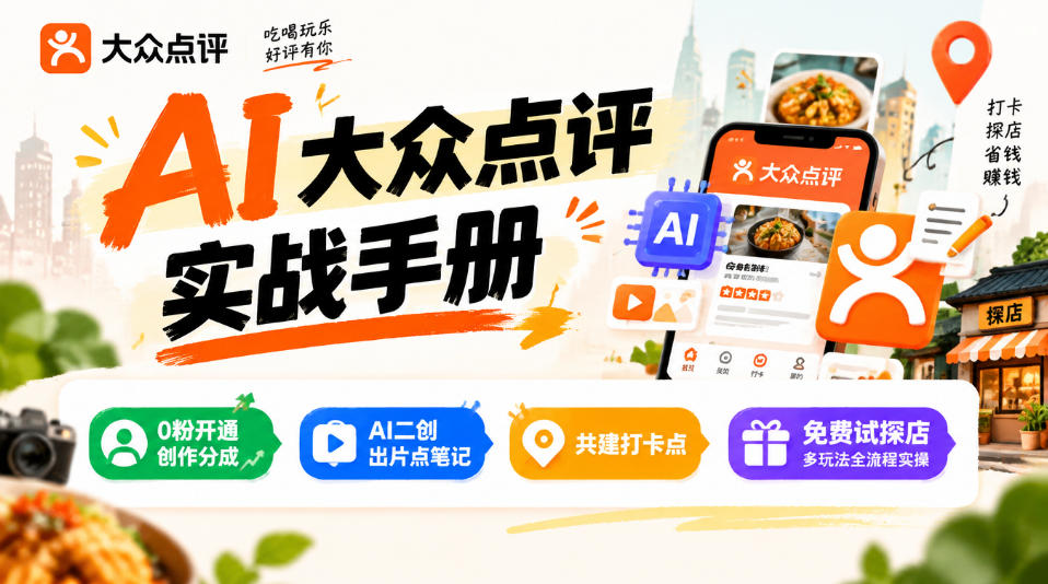 某局的AI大众点评实战手册,0粉开通创作分成、AI二创出片点笔记、共建打卡点、免费试探店多玩法全流程实操-资源后花园