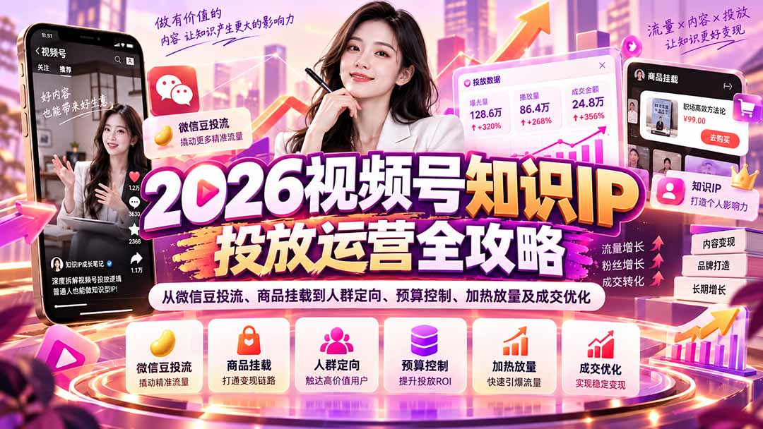 2026视频号知识IP投放运营全攻略:从微信豆投流、商品挂载到人群定向、预算控制、加热放量及成交优化-资源后花园