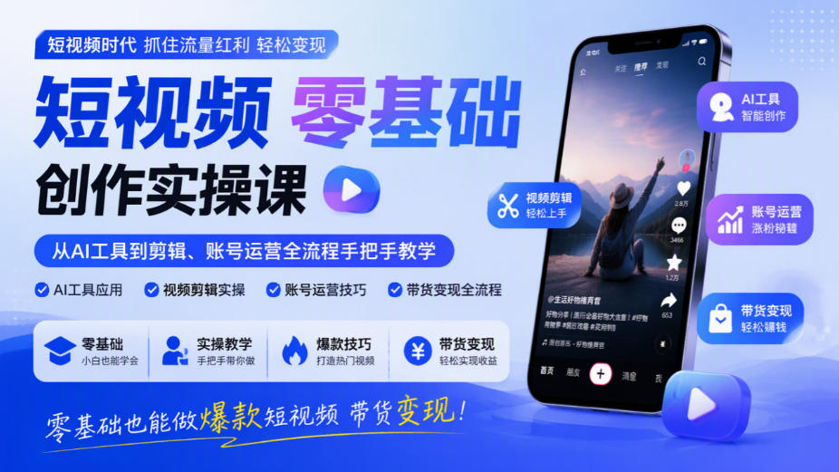 短视频零基础创作实操课，从AI工具到剪辑、账号运营全流程手把手教学，零基础也能做爆款短视频带货变现-资源后花园