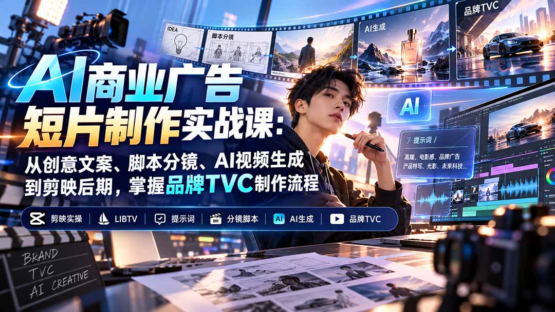 AI商业广告短片制作实战课：从创意文案、脚本分镜、AI视频生成到剪映后期，掌握品牌TVC制作流程-资源后花园