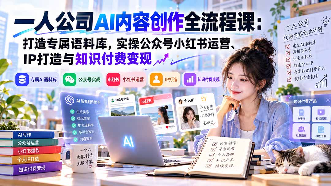 一人公司AI内容创作全流程课：打造专属语料库，实操公众号小红书运营、IP打造与知识付费变现方法论-资源后花园